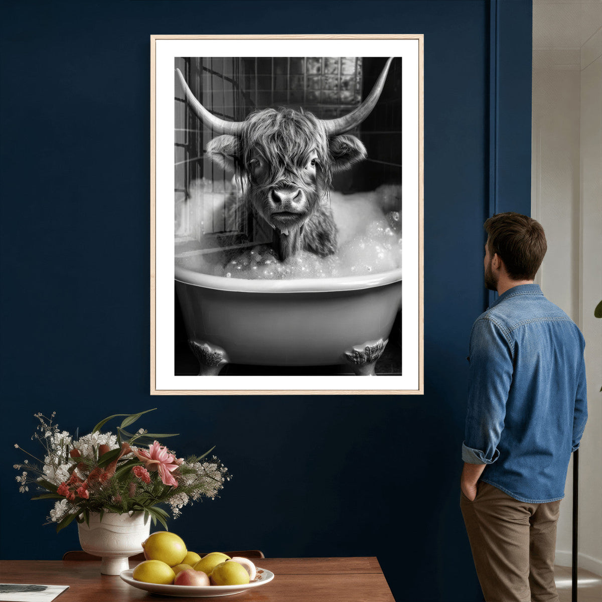 Highland Cow Bathtub Canvas Wall Art, Funny Bathroom Print