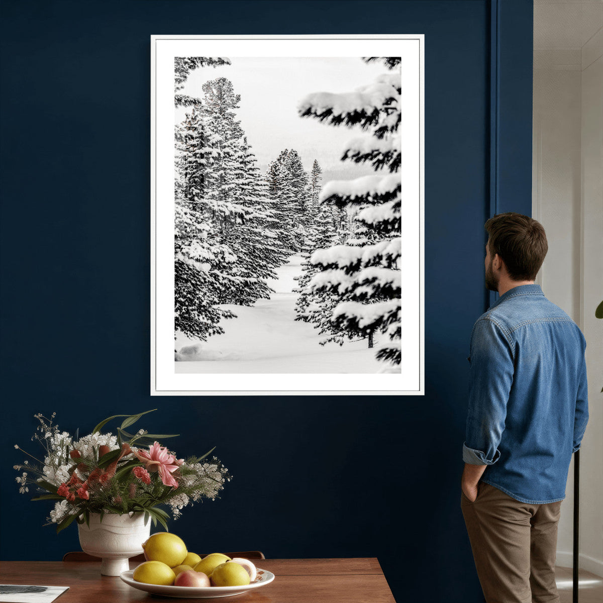 Winter Pine Forest Wall Art Canvas Print, Minimal Winter