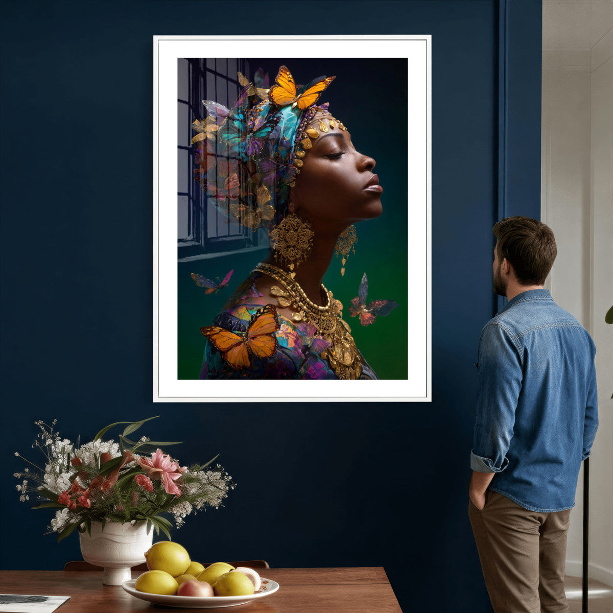 Butterfly Crown Gold Woman Portrait — Monarch Queen Canvas