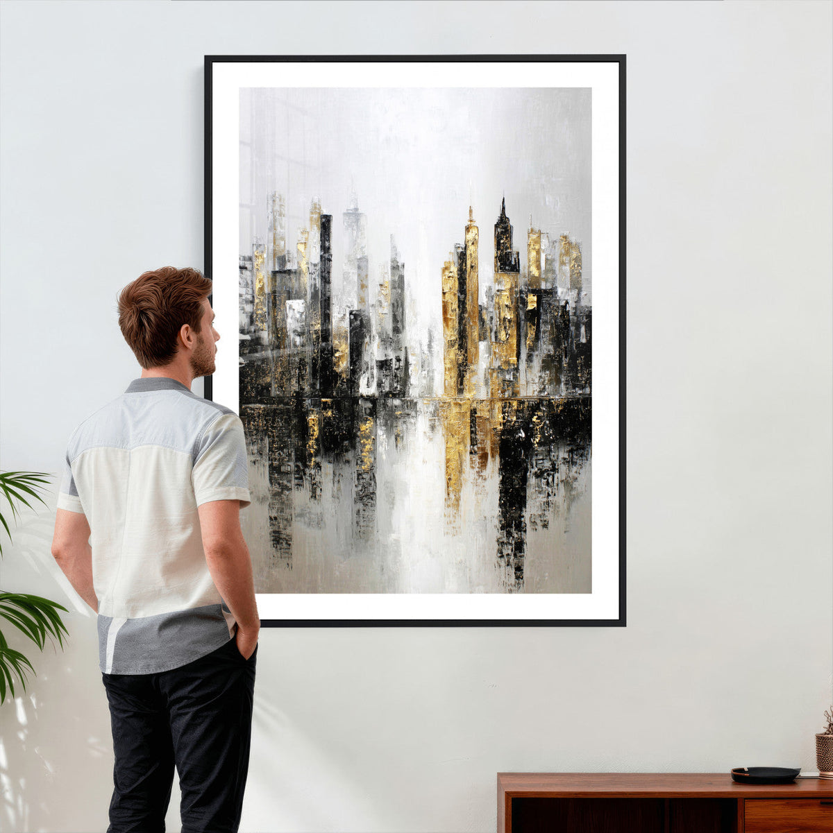 Abstract New York Wall Art Canvas Print, Gold Black Modern
