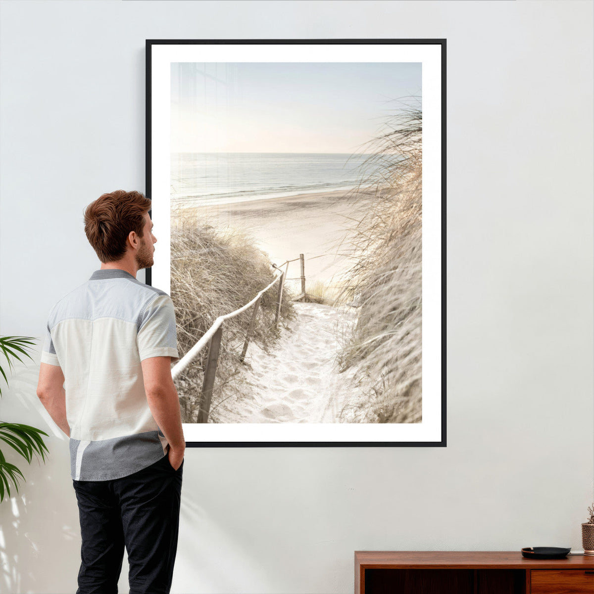Coastal Beach Path Wall Art Canvas Print – Neutral Ocean