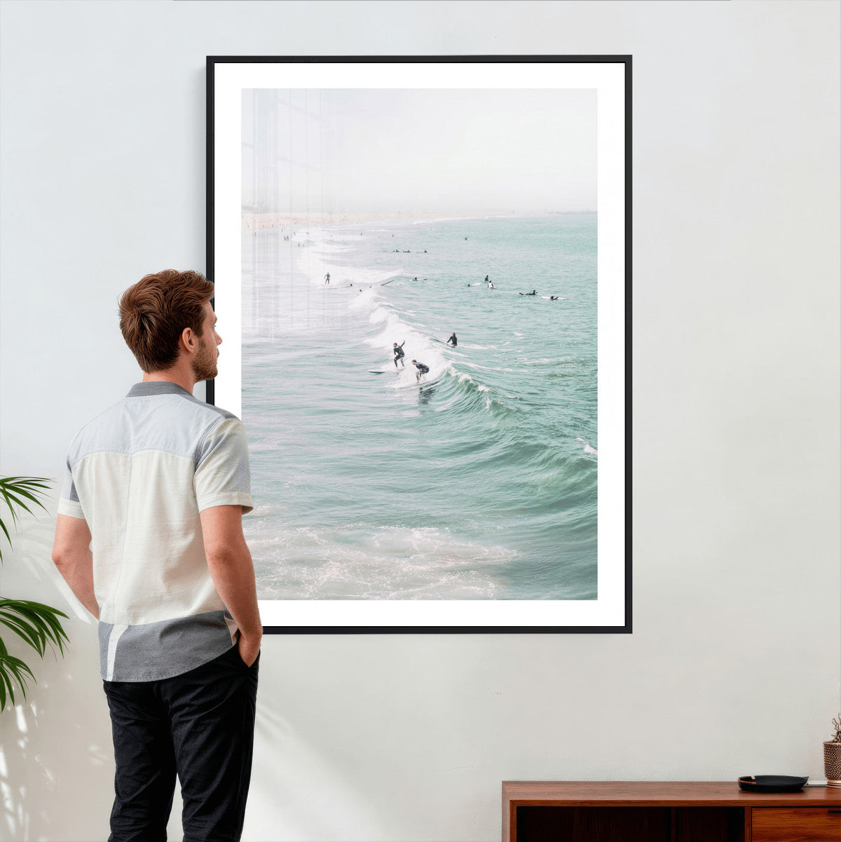 Surfers on Waves Canvas Wall Art, Aerial Ocean Photography