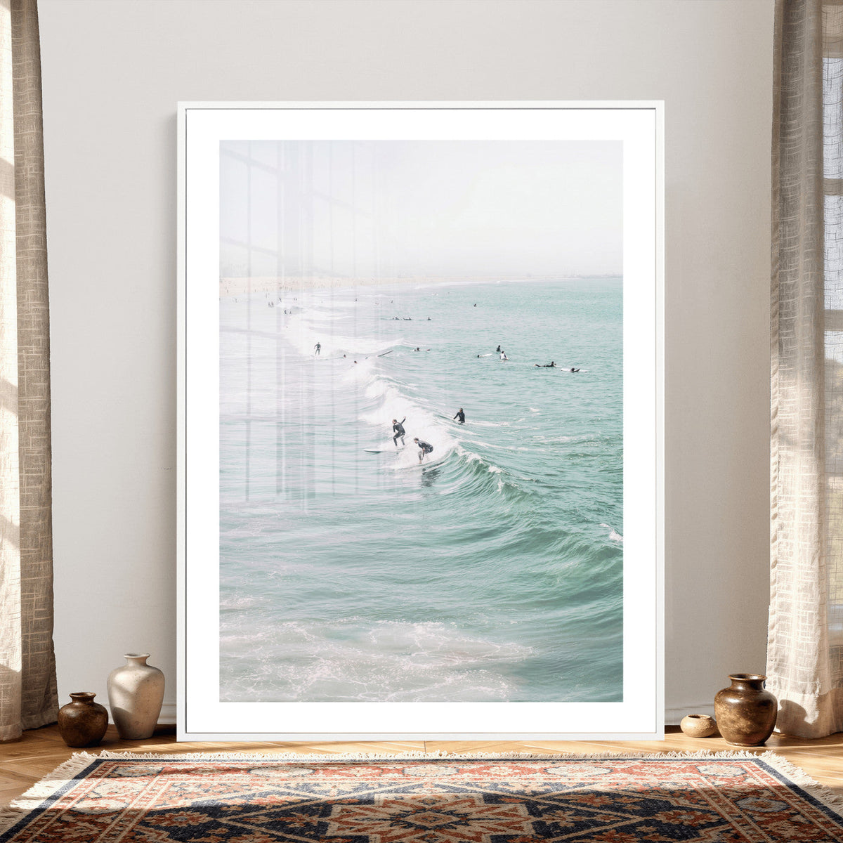 Surfers on Waves Canvas Wall Art, Aerial Ocean Photography