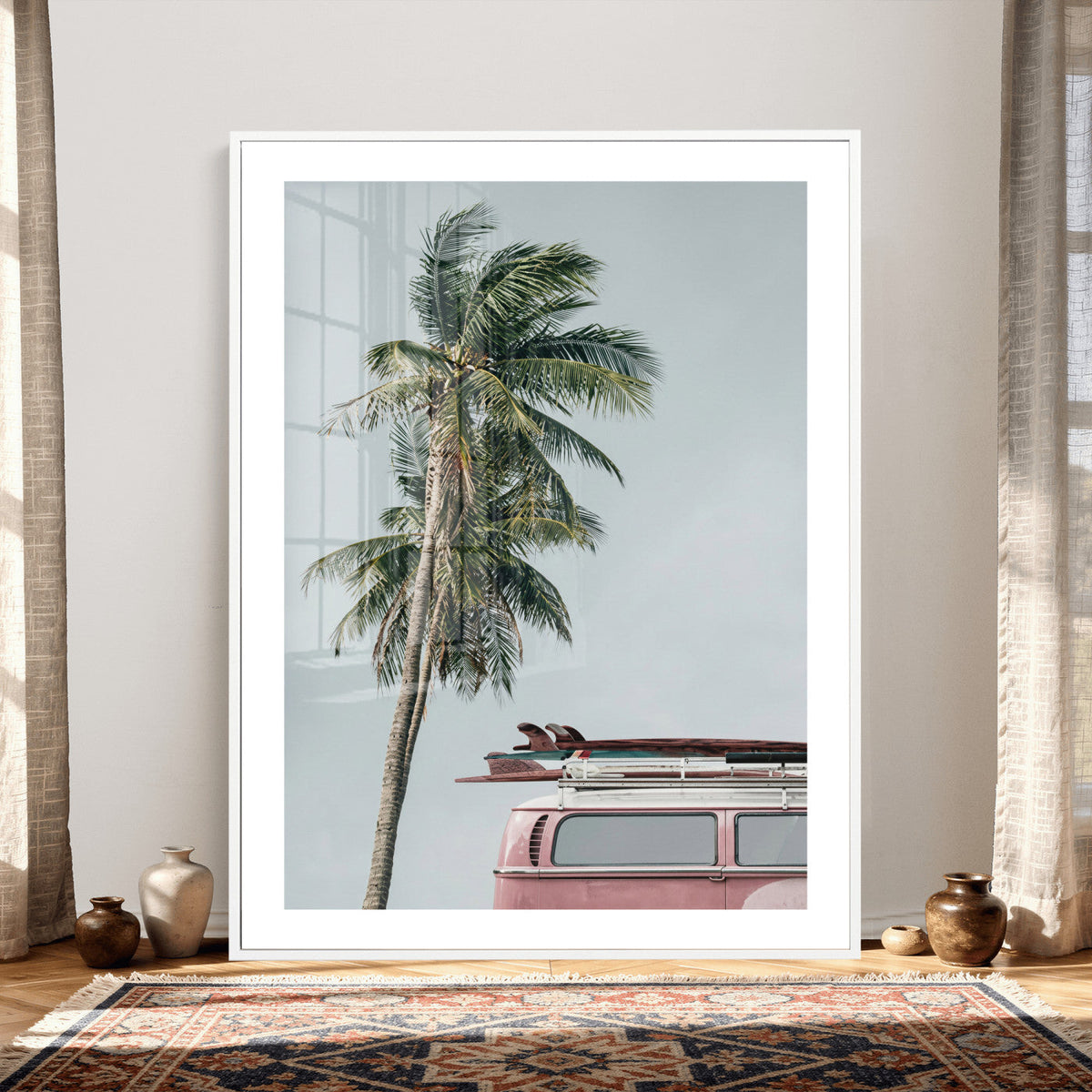 VW Van Palm Tree Canvas Wall Art, Pink Camper Surfboards