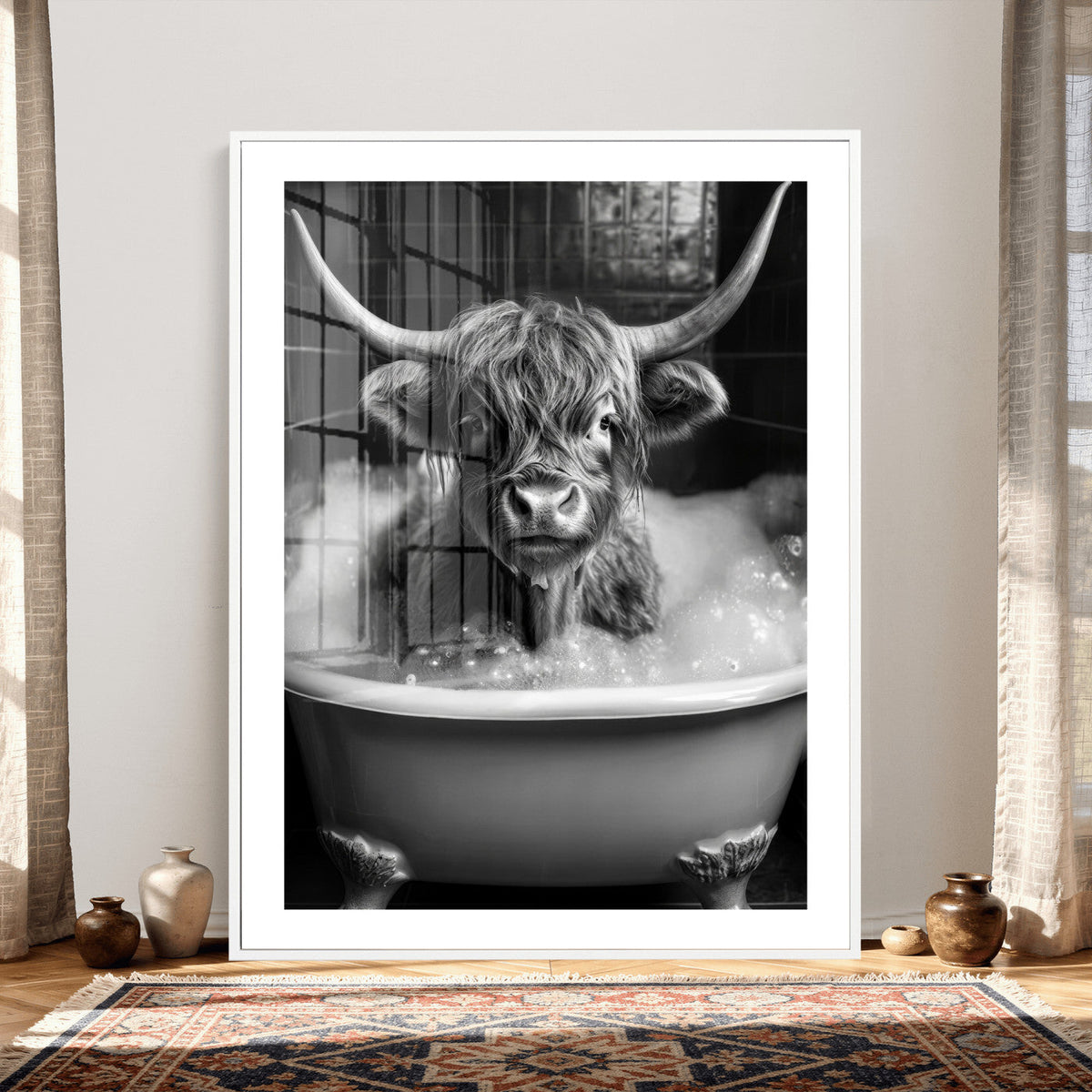 Highland Cow Bathtub Canvas Wall Art, Funny Bathroom Print