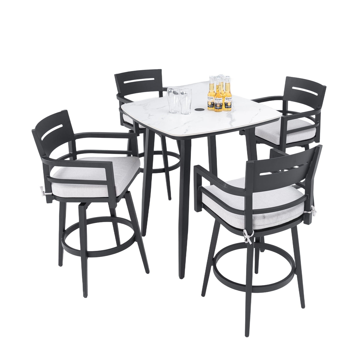 Modern Outdoor Patio Bar Set, Rounded Square Table & Bar Chairs, Non Rust Frame, Tapered Legs, Sunbrella Cushion