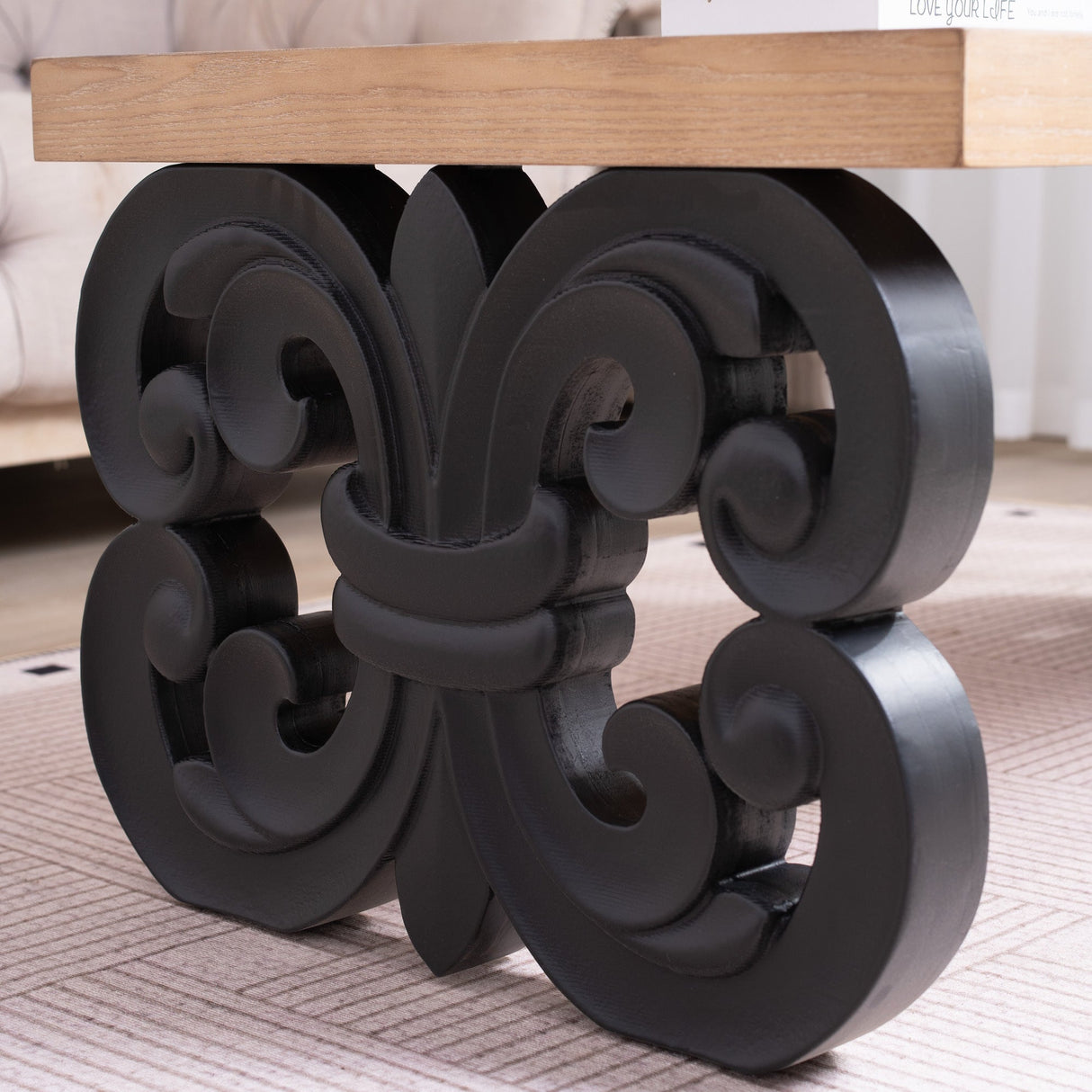 Black Scroll Base Coffee Table – 47' Rectangular Wood Living Room Table with Natural Top – Modern Farmhouse Accent Table – Elegant Centerpiece with Ornate Carved Design