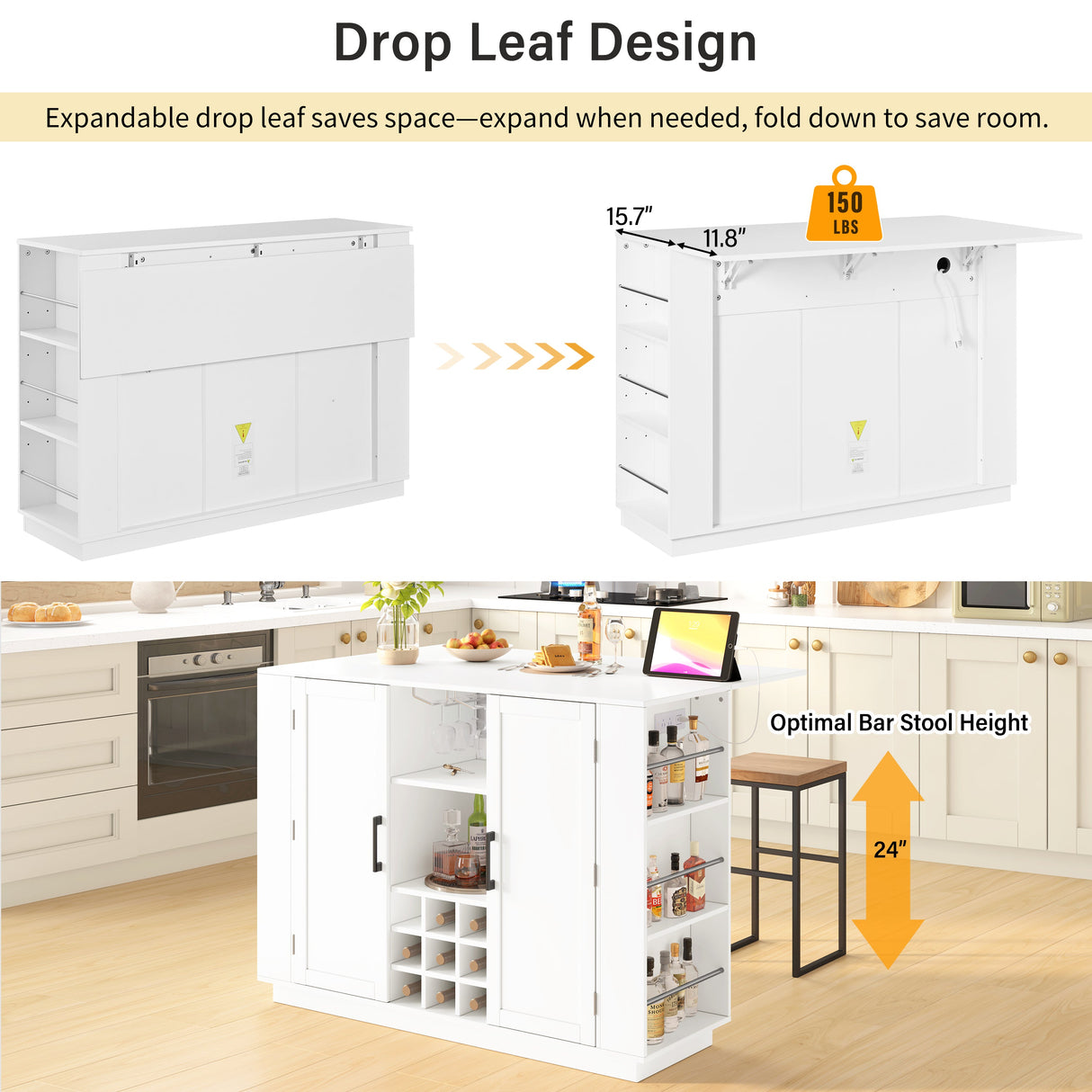 U-Style 47.2" Counter Height Table with Foldable Top & Power Outlet