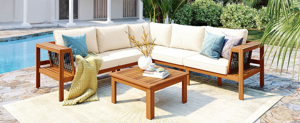 GO 4 Pieces Outdoor Acacia Wood Sofa Set with Coffee Table