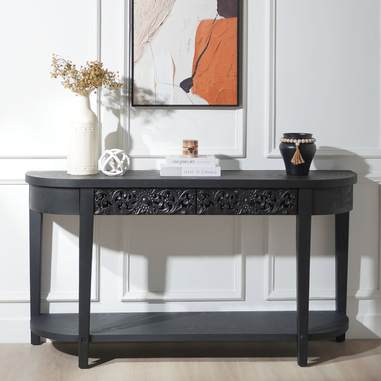 59.2in Black Carved Wooden Console Table with Lower Storage Shelf Tow Drawers– Elegant Decorative Accent for Entryway, Living Room, and Hallway