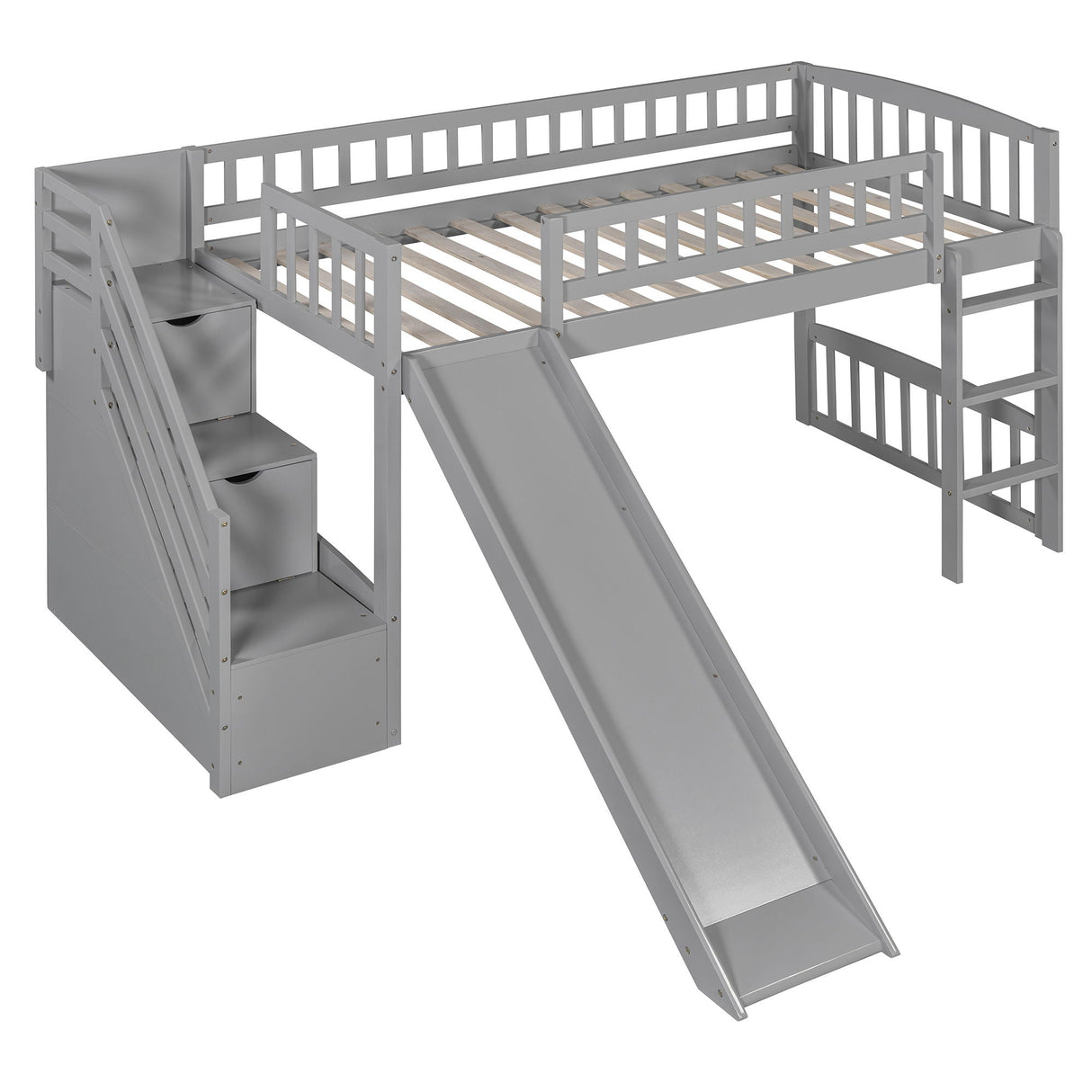Loft Stairway Bed With 2 Drawers, Convertible Ladder And Slide