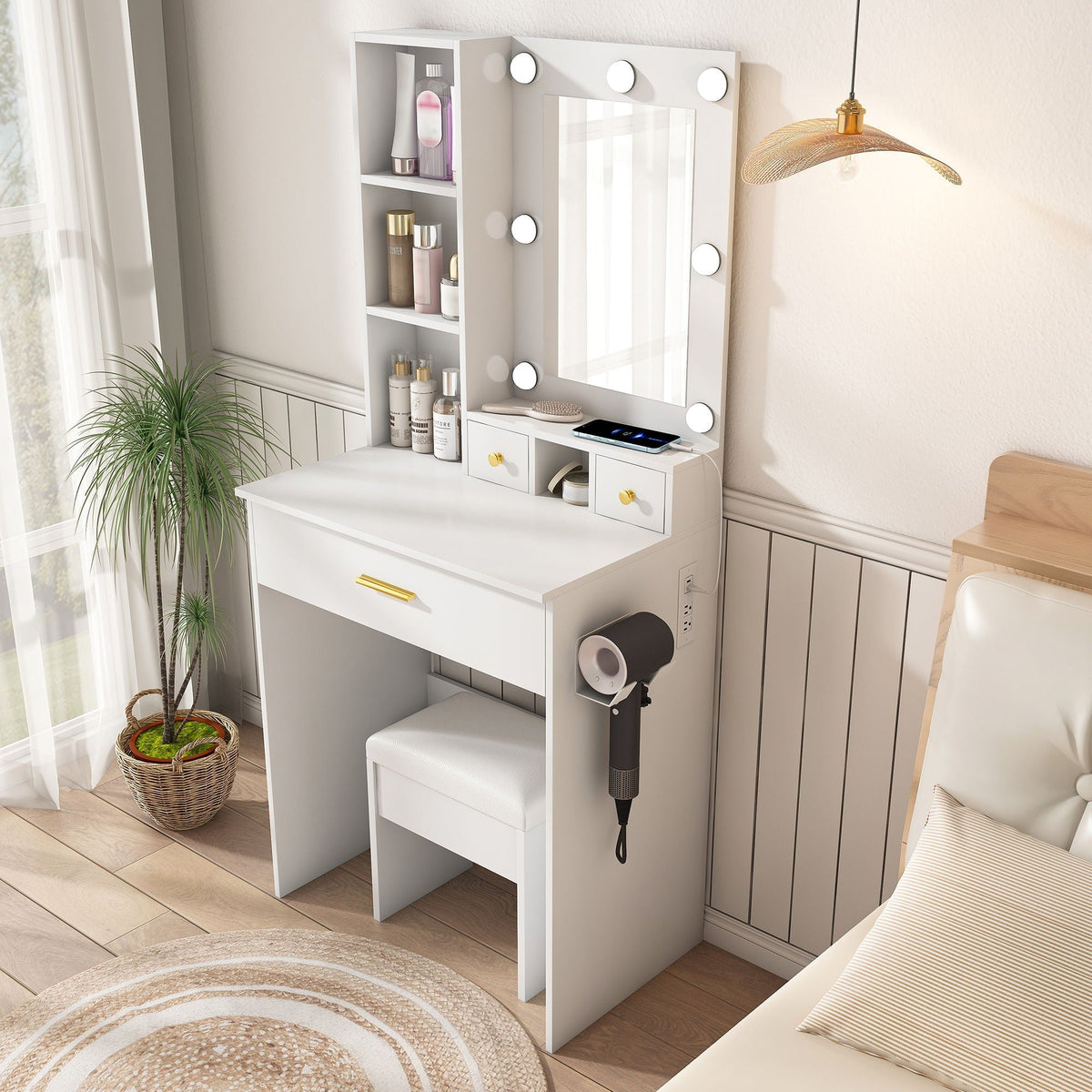 Vanity Set with Mirror, Adjustable LED Lights & Power Outlet - Wood & Mirror