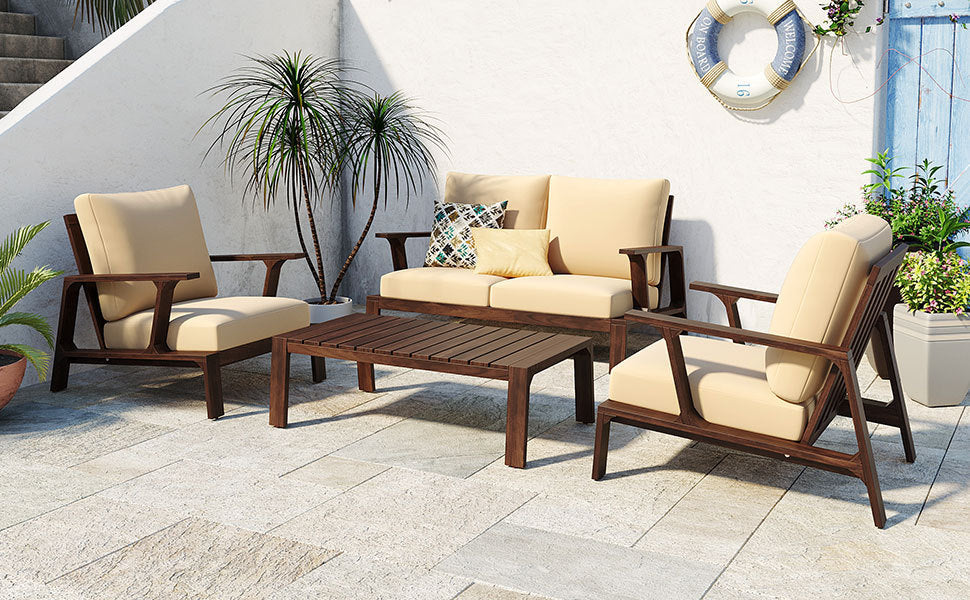 4-Piece Outdoor Sofa Set with Cushions and Coffee Table