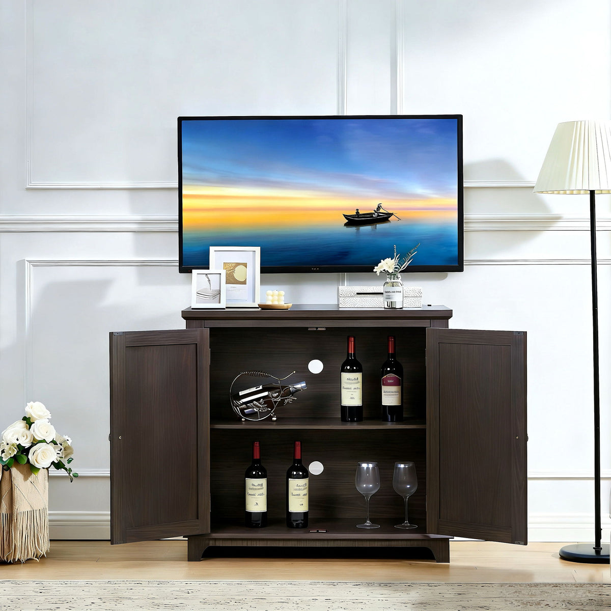 Elegant Sideboard With 2 Acrylic Mirrored Doors, Adjustable Shelf Storage