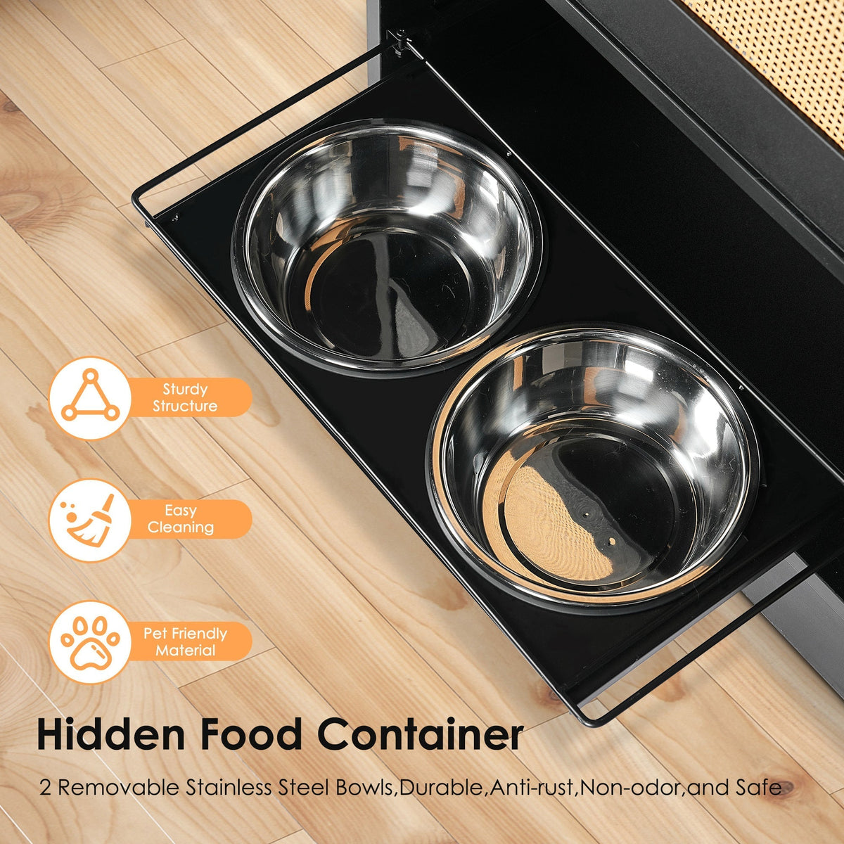 Feeding Station with Storage Cabinet and Stainless Steel Bowls - Black