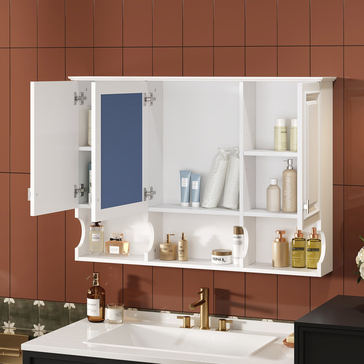 Modern Wall Mounted Medicine Cabinet with Open Shelves - White or Black