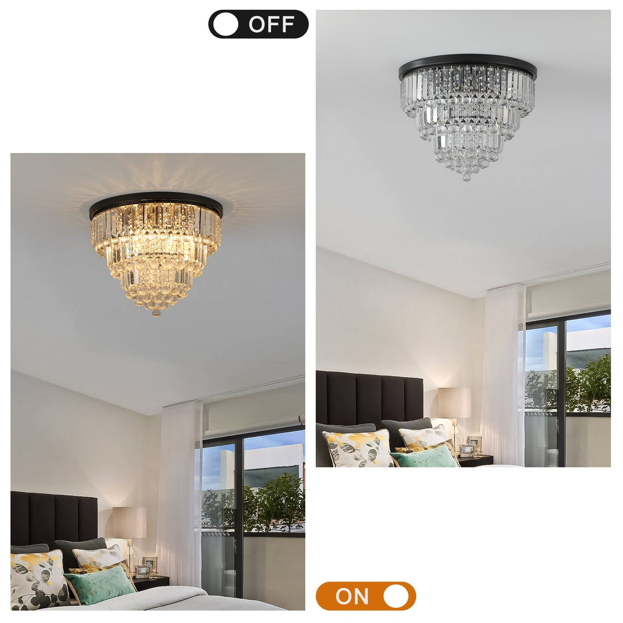 20' Luxury Crystal Flush Mount Ceiling Light with Black Finish – Elegant 6-Light Chandelier for Living Room, Dining Room, or Bedroom (Bulb Not Included)