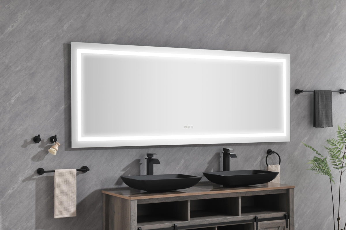 72" LED Bathroom Mirror with Dimmable Anti-Fog Lighting - Aluminum & Glass