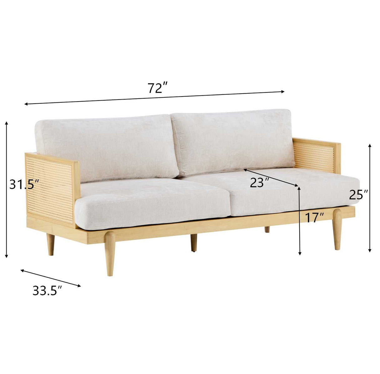 Emir 72" Square Arm 3-Seater Boucle Sofa with Cane Rattan and Wooden Frame