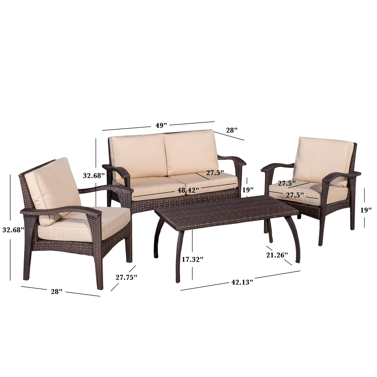 Honolulu 4PC PE Wicker Outdoor Seating Set in Brown and Tan
