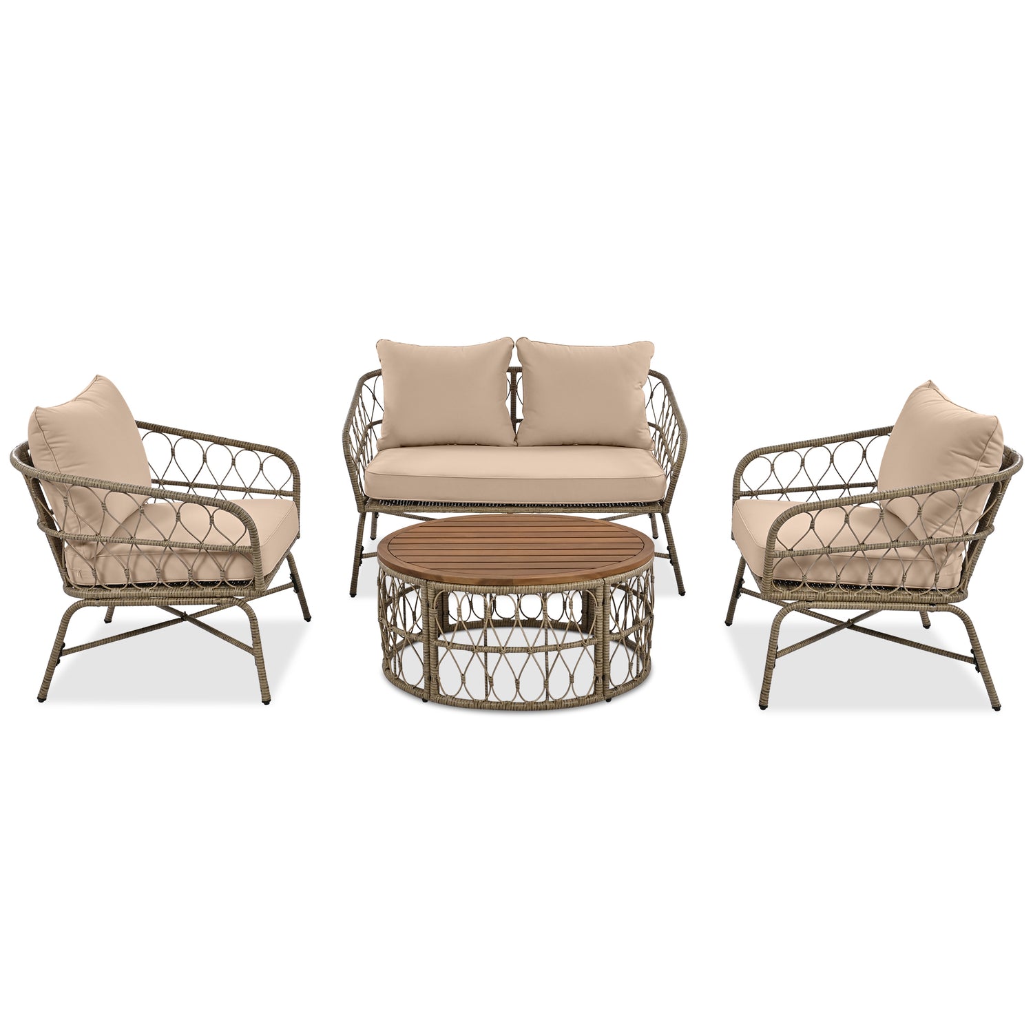 4 Piece Bohemian Wicker Chat Set With Acacia Wood Table