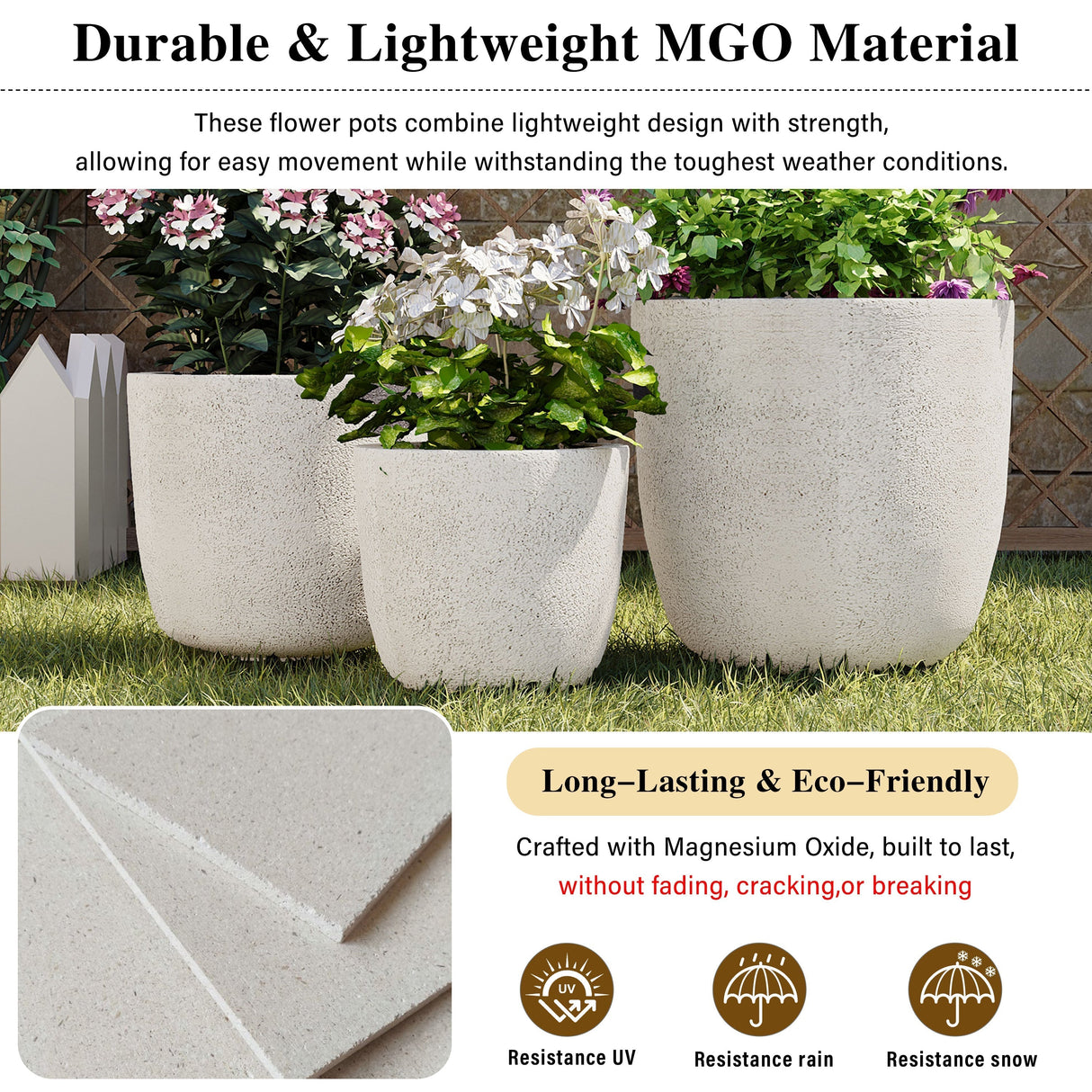 U_Style Lightweight Matte Textured MGO Outdoor Indoor Flower Pot Set of 3