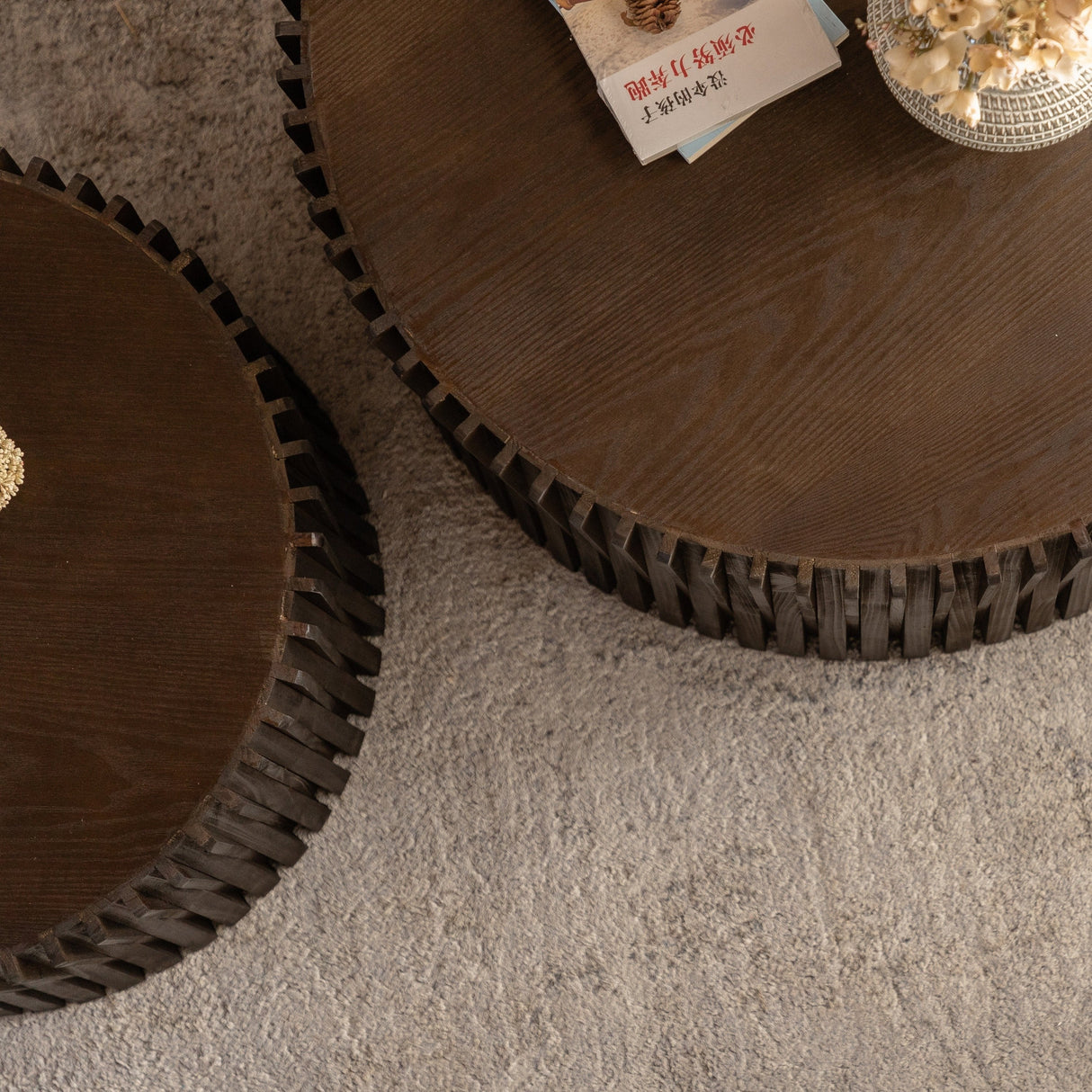 Vintage Style Cylindrical Nesting Coffee Table Set with Textured Embossed Design