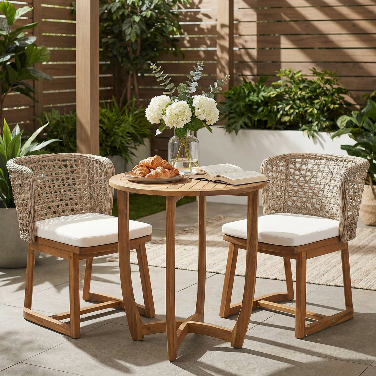 3-Piece Outdoor Dining Set with Teak Finish Acacia Wood Table & Wicker Chairs