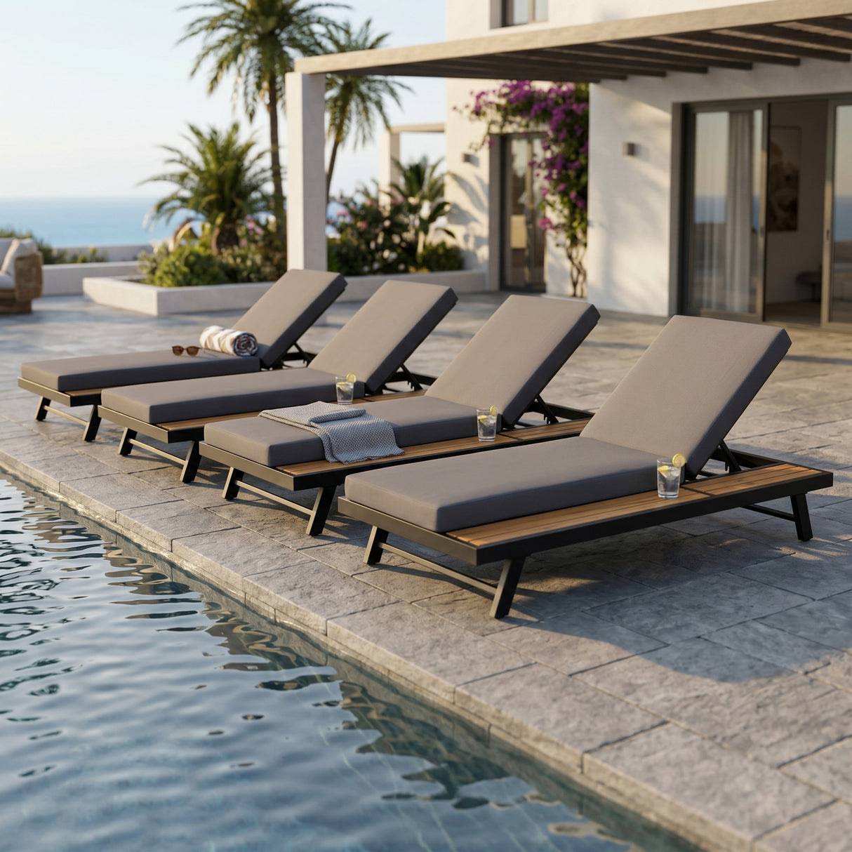 Black Iron + Teak Finish Chaise Lounge Set with Dark Grey Cushion