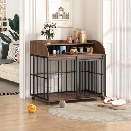 44''-Heavy-Duty-Large-Dog-Crate-Furniture-for-Large-Medium-Dog-with-Lockable-Wheels,-Brown-