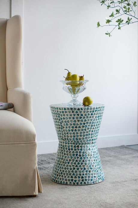 14x20'-Tapered-Round-Garden-Accent-Stool,-Capiz-Side-Table,-Blue-Side-Tables