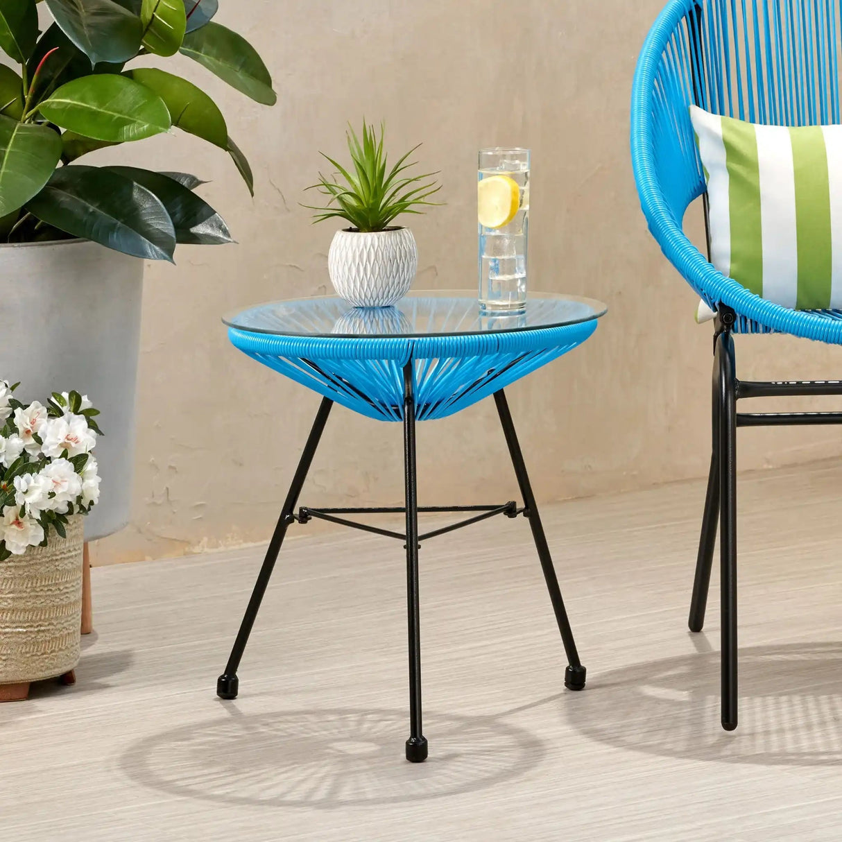 Nusa Modern Rattan Side Table with Tempered Glass Top