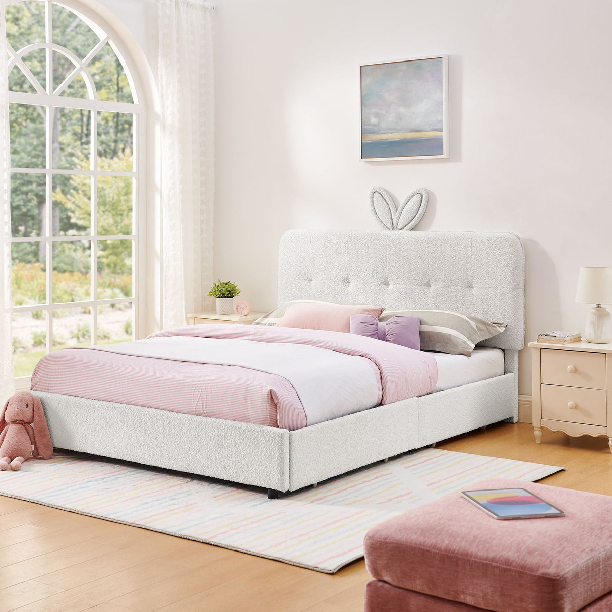 Upholstered Bed With Oversized Rabbit Ear Headboard, LED Lights & 4 Storage Drawers