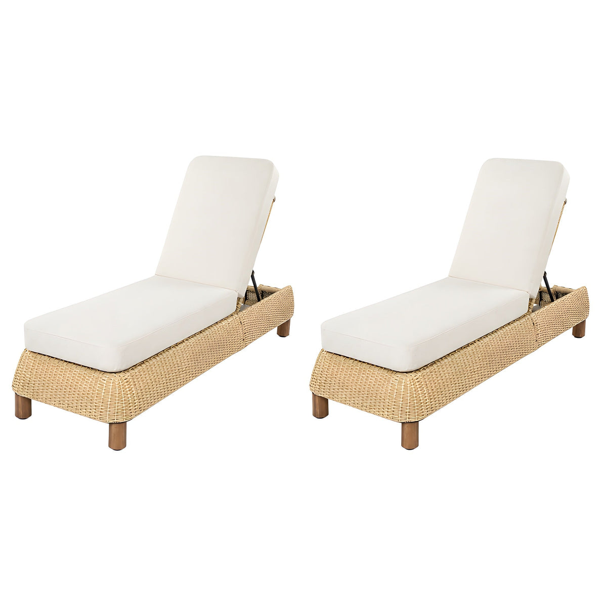 Adjustable Wicker Chaise Lounge Chairs Set of 2 with Cushions - Natural Wicker / Beige