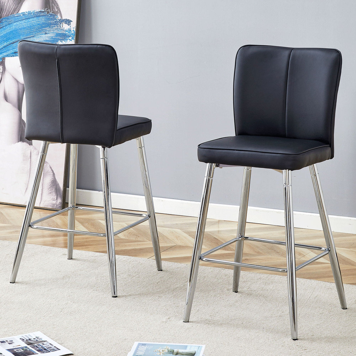 Modern Bar Chair Set Streamlined Backrest Metal Legs 2 Pieces - Black / Silver