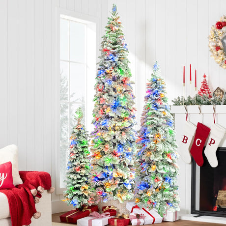 8FT,-6FT,-4FT-Pre-Lit-Pencil-Christmas-Trees,-Set-of-3-Flocked-Fir-Slim-Christmas-Trees-Christmas-Tree