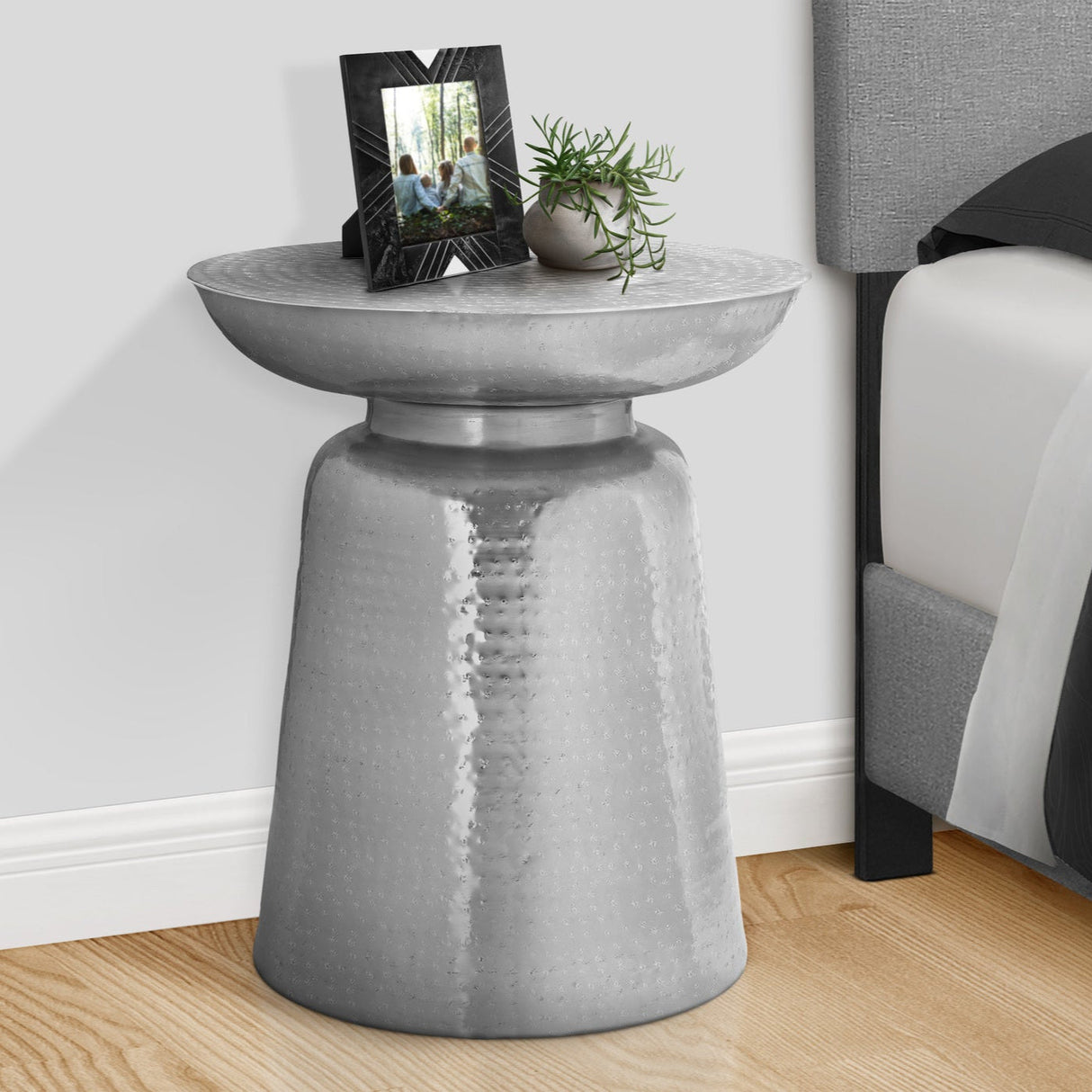 Arcanite End Table with Bell Shaped Base and Hammered Texture