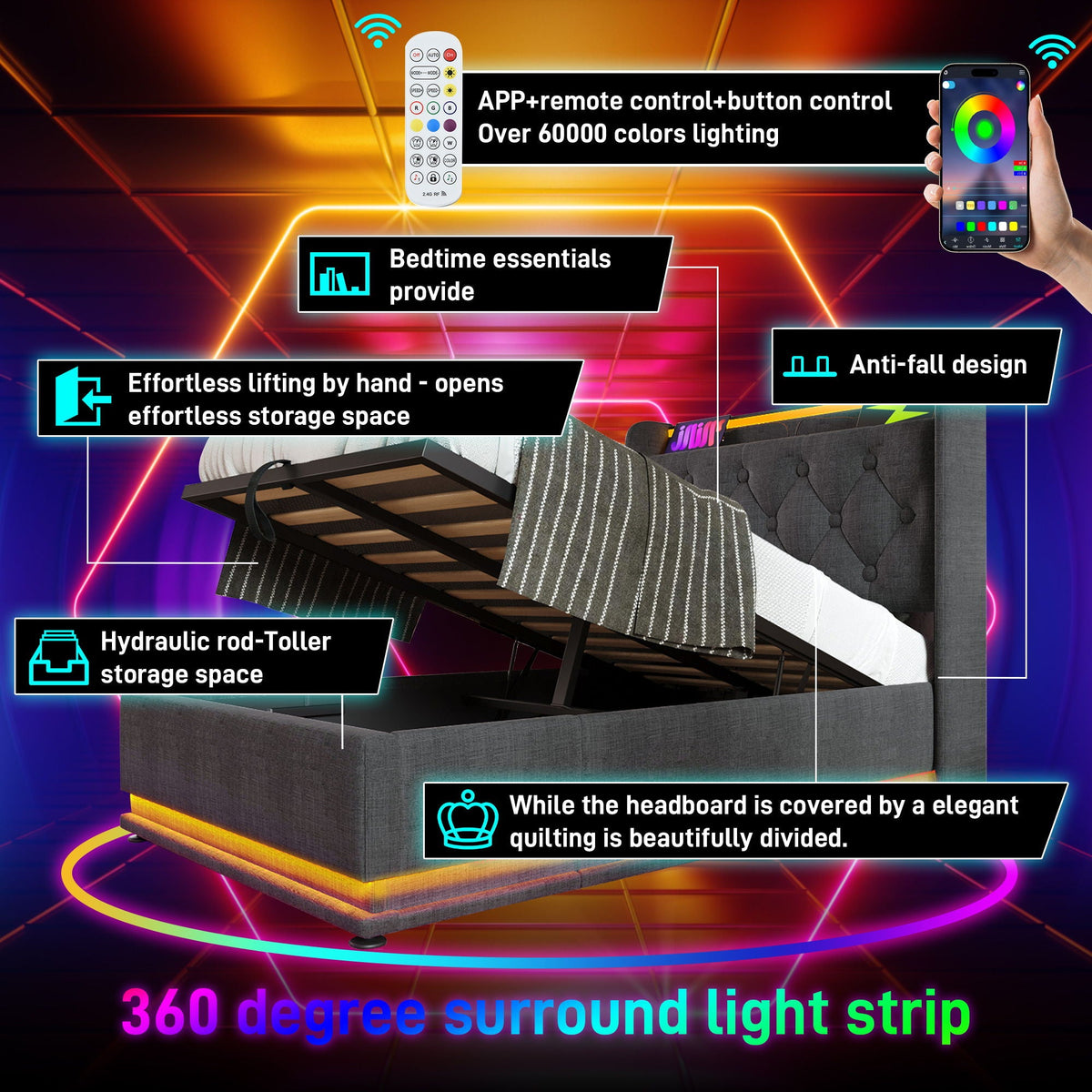 Upholstered Bed, 360 Surround LED Function, Remote Control, Hydraulic Storage Bed With USB, Type-C Charging (Without Mattress)