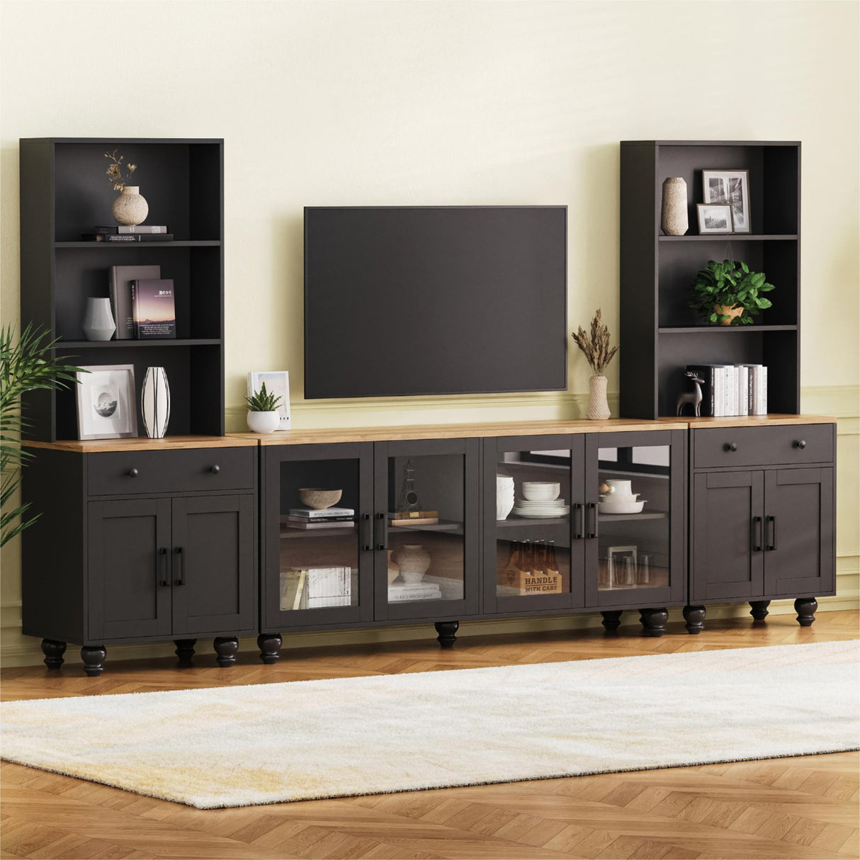 Farmhouse TV Stand With Solid Wood Gourd Shaped Legs For TVs Up To 70"