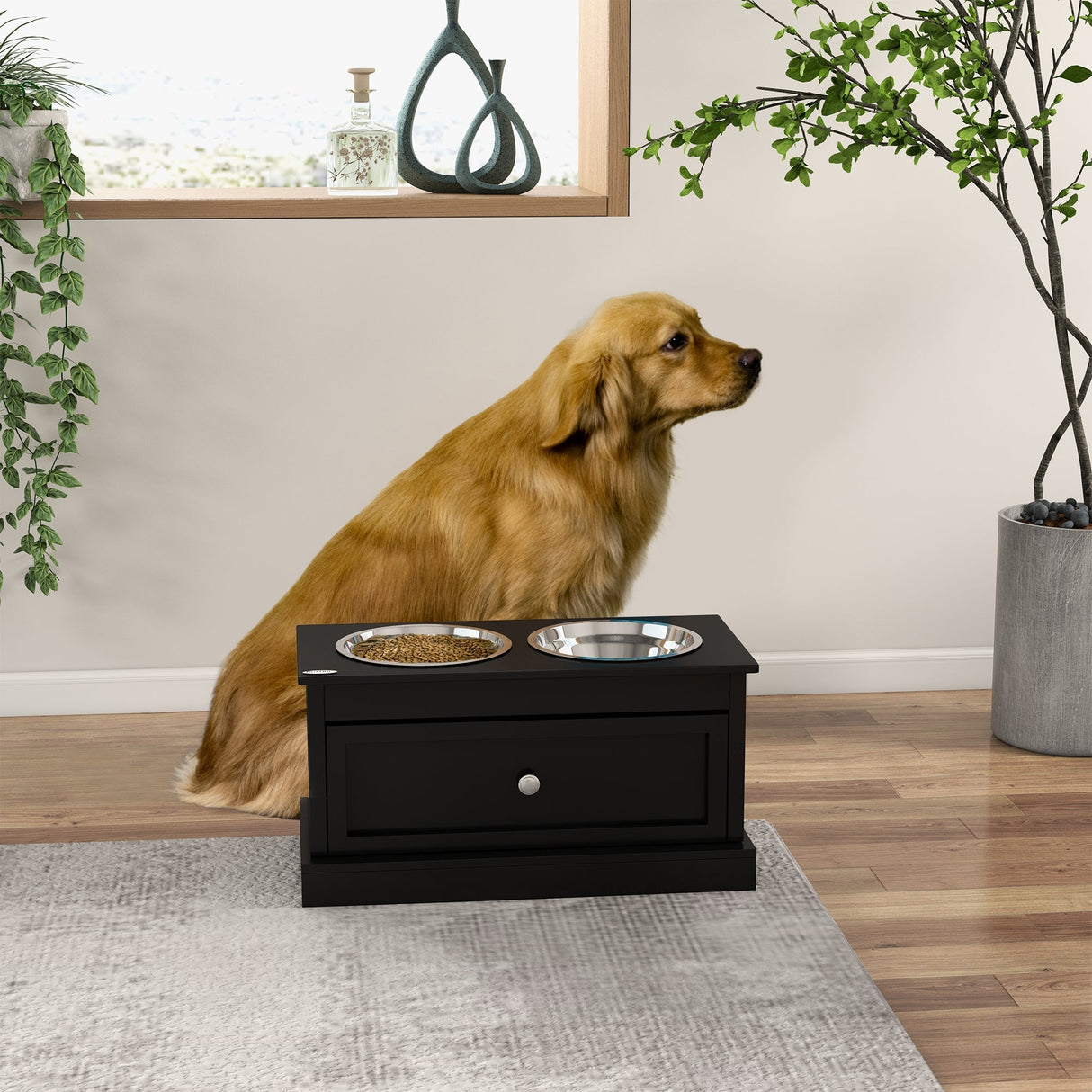 PawHut Large Elevated Dog Bowls with Storage Drawer
