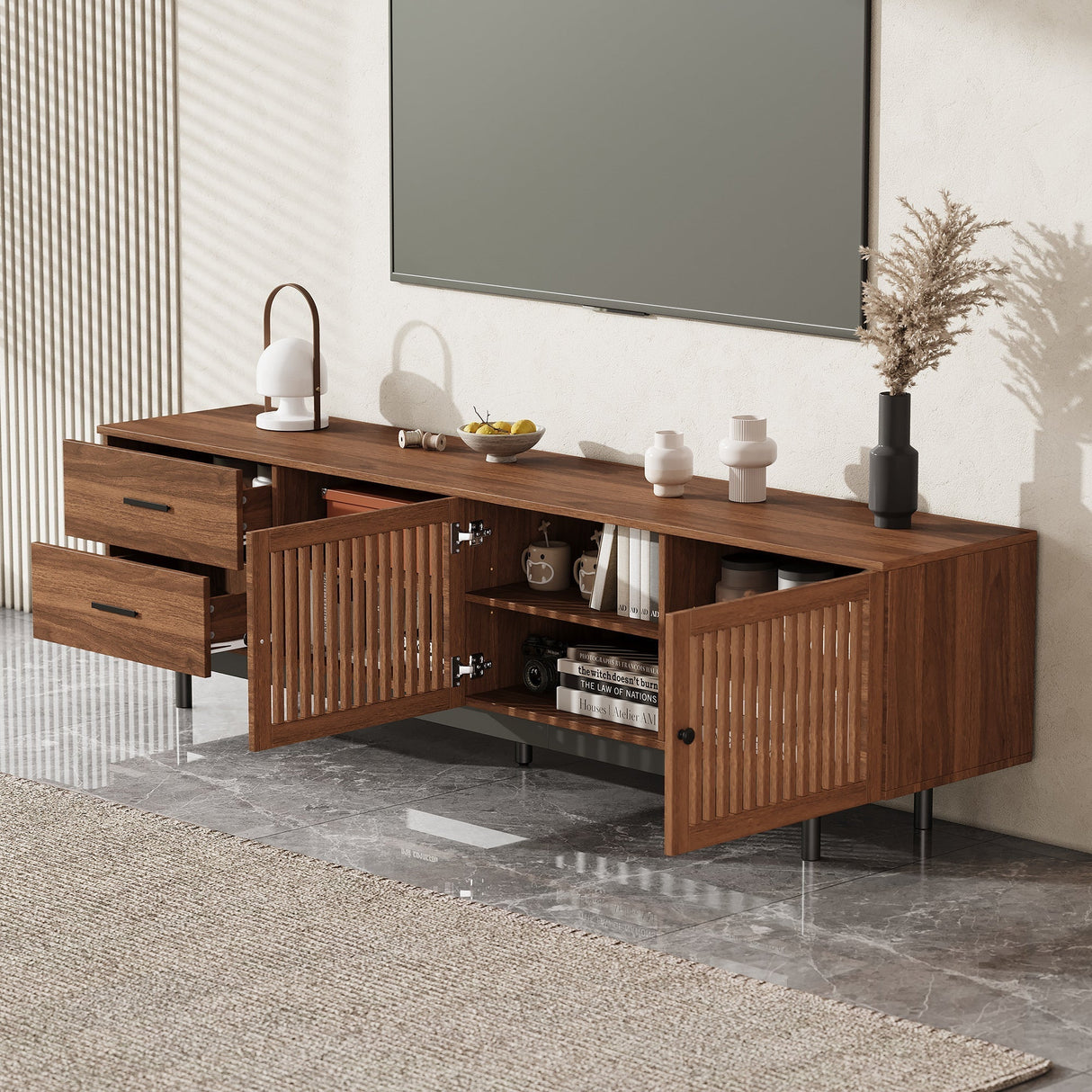 78 inch Modern TV Stand for TVs up to 85 inchesEntertainment Center with Deep Drawers & Cable ManagementSoft-Closing HingesSolid Wood Legs in Walnut Finish