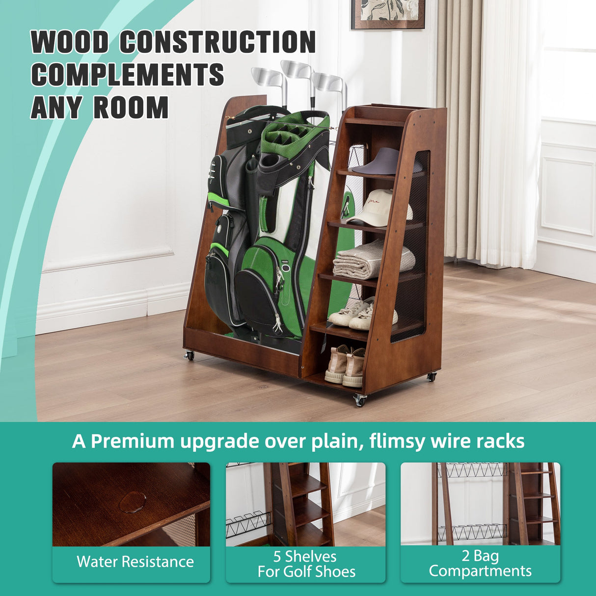 Premium Wooden Golf Bag Organizer for Garage