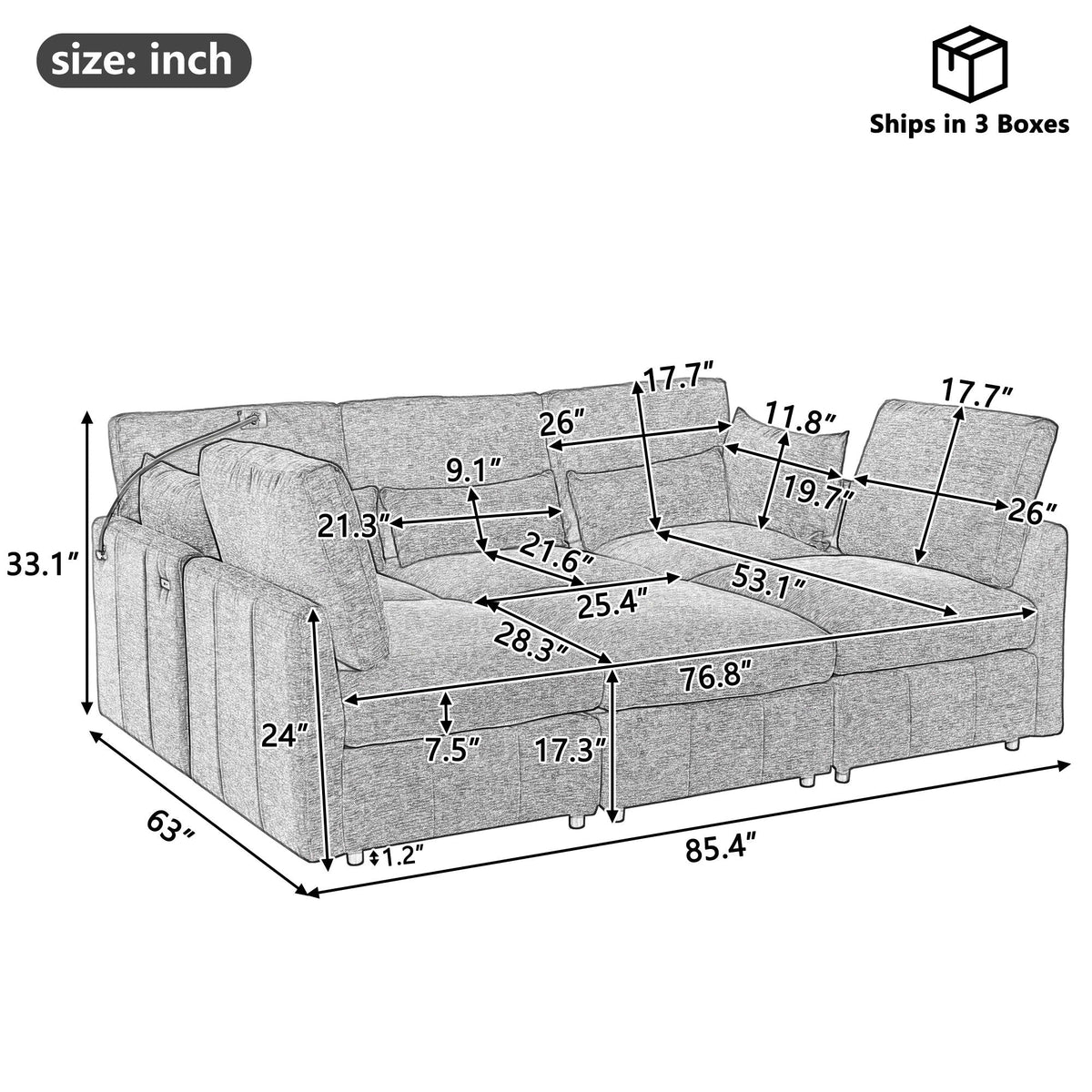 Modern Modular U-Shaped Sofa Bed With Movable Ottoman, USB Ports, Phone Holder