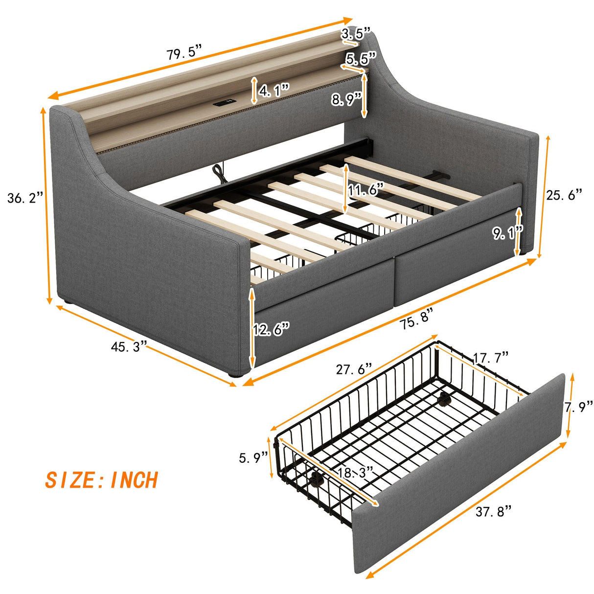 Twin Size Linen Upholstered Daybed with Storage Drawers and LED Lights