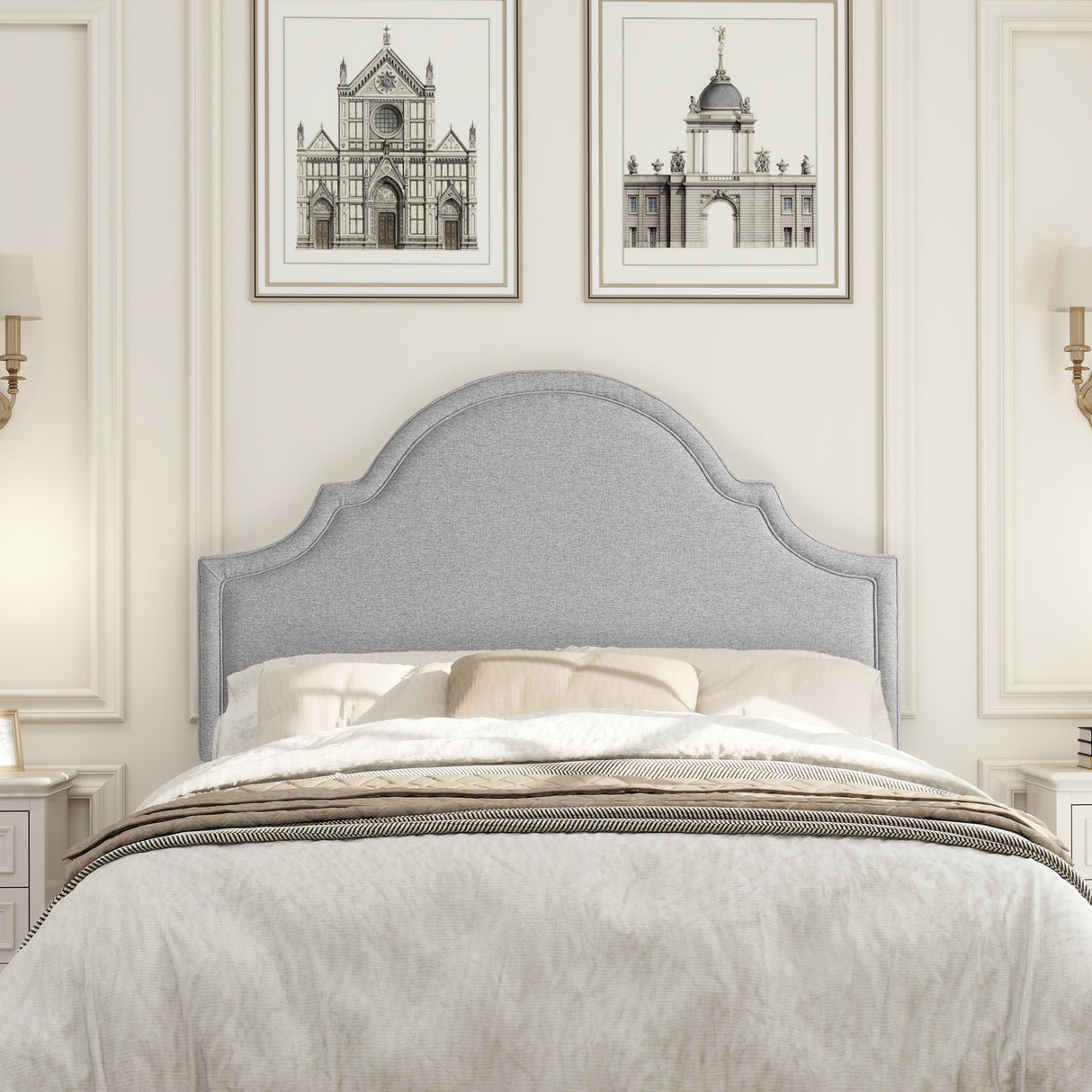Catherine Upholstered Queen Headboard, Light Grey Polyester