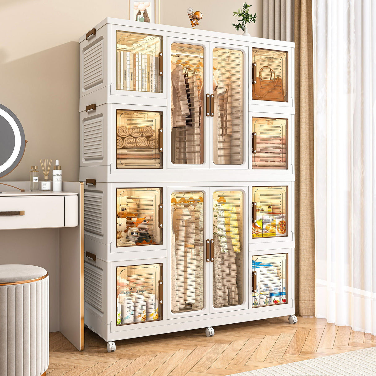 Portable Wardrobe Closet Storage Organizer For Clothes With Magnetic Doors, 12 Cubes & 2 Hanging Rods - White