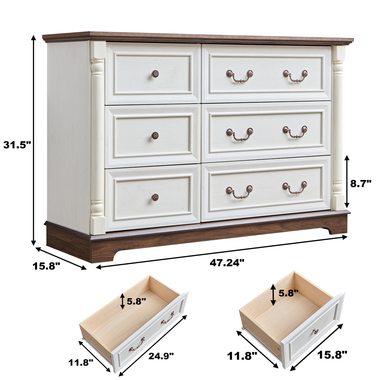 Farmhouse Style 6 Drawer Dresser Chest with Base Wooden Rustic Chest