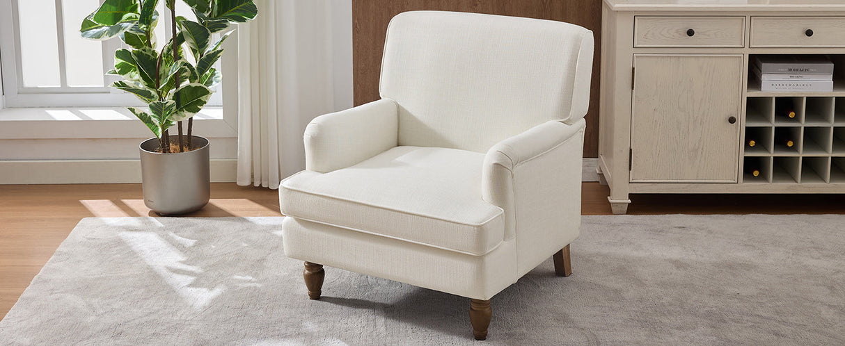 Vintage Upholstered Linen Fabric Armchair with Antique Solid Wood Legs