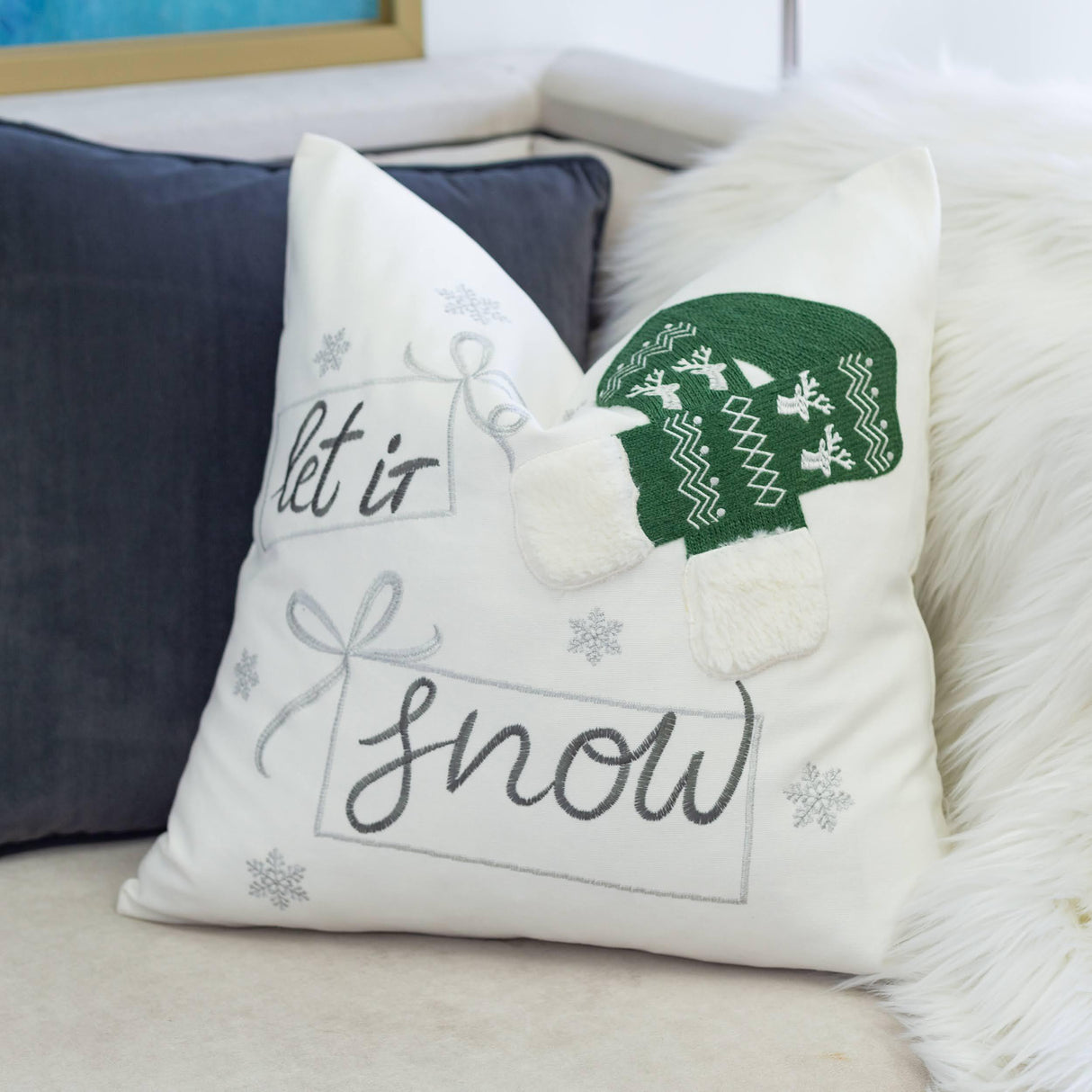 Let It Snow Christmas Throw Pillow 20x20 Cotton Cushion