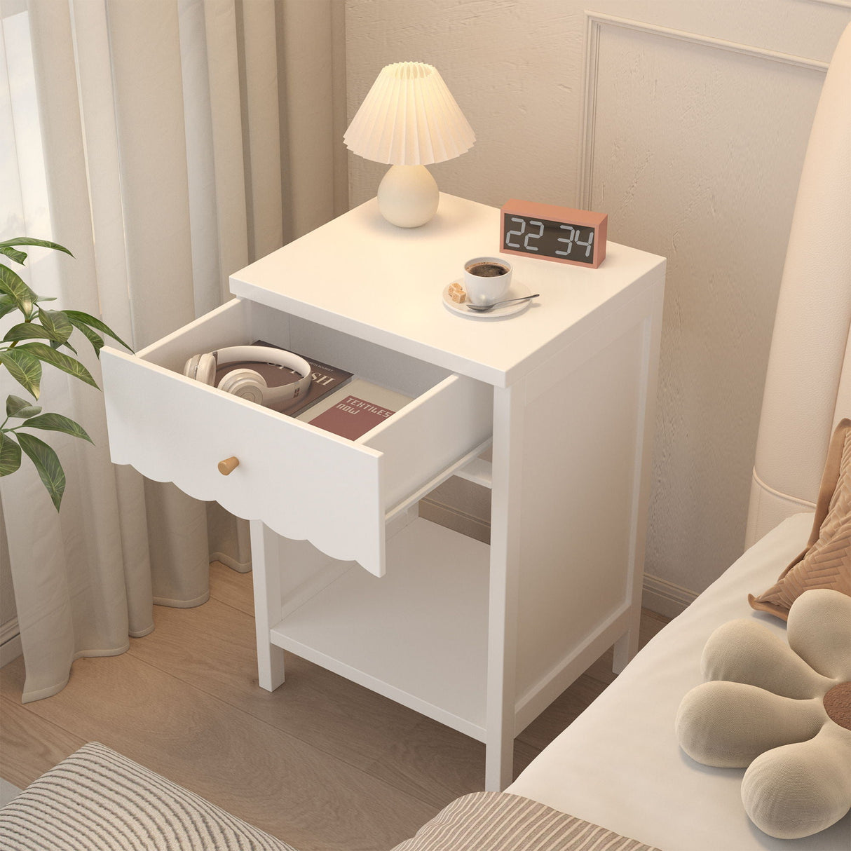 Nightstand With Drawer And Open Shelf, Scalloped Edge Bedside Table
